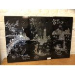 Three Japanese lacquered panels with mother of pearl inlay depicting traditional scenes, (each