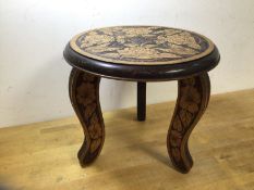 A poker work stool with floral and butterfly design to top and supports, (26cm x 29cm)