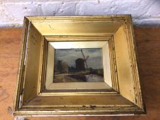 Norwich School, early 19thc, windmill by a pond, unsigned, oil on canvas, gilt wood frame, (11cm x