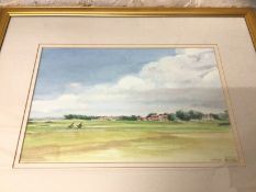 Hugh Dodd, Muirfield looking back, watercolour and gouache, signed bottom right, paper label