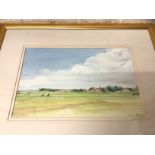 Hugh Dodd, Muirfield looking back, watercolour and gouache, signed bottom right, paper label