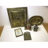 A mixed lot including an oval brass tray, brass pierced panel with cipher to centre, a devotional