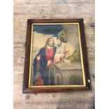 A mid 19thc wool work panel depicting Jesus next to man with bag of coins (48cm x 36cm)