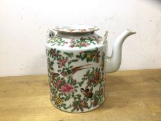 A Chinese teapot with rose, bird and butterfly decoration, a dished top, chips to rim, lacking