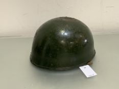 A British Dispatch rider's helmet with original leather liner BMB 1949 and SGT MARSHALL, 7 coy R.A.