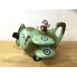 A vintage Carlton Ware china novelty teapot in the form of a bi-plane with camouflage (14cm h)