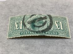 Stamp Interest:- 1902-10 £1 green S.G. 266, heavy cancel (Guernsey) a little rubbed left £1 but a