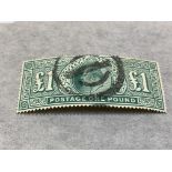 Stamp Interest:- 1902-10 £1 green S.G. 266, heavy cancel (Guernsey) a little rubbed left £1 but a