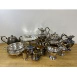 A quantity of Epns including tazza, claret jug, teapots, sugar bowls, etc (a lot)