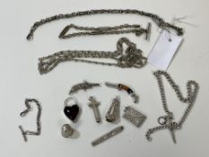A quantity of silver and white metal including Albert chain, hallmarks rubbed, weighs 30 grammes (