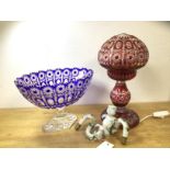 A ruby to clear glass mushroom style table lamp, (36cm h), blue similarly cut footed bowl and two