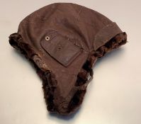 Rare WWI period A.W. Gamage Ltd. Holburn leather flying helmet with fur trim, label to interior (