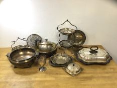 A quantity of Epns including a cake stand, flower bowls, butter dish, serving dishes, etc (a lot)