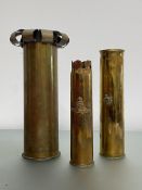 German shell case (1918) decorated 1914 Somme 1919 and floral decoration, curled lip to top 40cm.