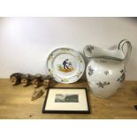 A mixed lot including late 19th early 20thc water pitcher stamped Jacobian Warring and Gillow Ltd to