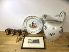 A mixed lot including late 19th early 20thc water pitcher stamped Jacobian Warring and Gillow Ltd to