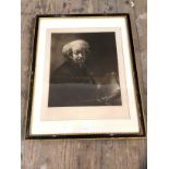 After Rembrandt, a proof mezzotint etching, self-portrait as St Paul, engraved by Charles Turner,