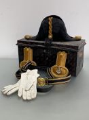 Royal Navy Officer's bicorn hat, gilt epaulettes sword belt and a pair of off white kid gloves,