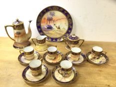 A set of six Noritake desert and gilt decoration demitasse cups and saucers, coffee pot (17cm h),