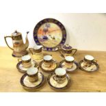 A set of six Noritake desert and gilt decoration demitasse cups and saucers, coffee pot (17cm h),