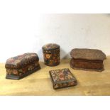 A group of three early 20thc Indian papier mache boxes, (tallest 10cm h), a poker work box (4)