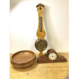 A Georgian style barometer, (51cm h) and an Edwardian style tambour clock and a wooden bowl (3)