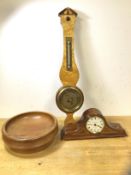A Georgian style barometer, (51cm h) and an Edwardian style tambour clock and a wooden bowl (3)