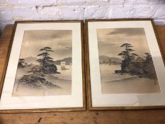 Two Japanese prints with gilt embellishments, both with characters and red seal marks, (34cm x