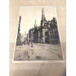 Taylor Brown, street scene with figures and churches, etching, signed bottom right, framed, (33cm