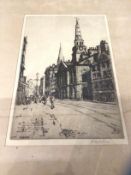 Taylor Brown, street scene with figures and churches, etching, signed bottom right, framed, (33cm