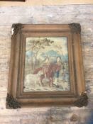 A mid 19thc needlework panel depicting young Scottish girl on horse with gentleman, dog and