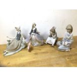 A group of four Lladro china figures, all of young women, (20cm h for tallest) a/f