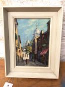 George Labonne, Paris street scene with Sacre Coeur in distance, oil, signed bottom right (21cm x