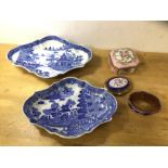 Two willow pattern bowls, (larger 5cm x 29cm x 20cm), a lidded box and an enamel and gilt box a/f (