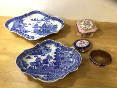 Two willow pattern bowls, (larger 5cm x 29cm x 20cm), a lidded box and an enamel and gilt box a/f (