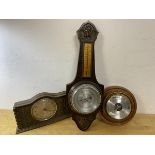 A mixed lot including two wall barometers and a mantle clock marked Centurion Scotland, (14cm x