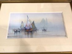 R Cooper, ships in harbour near church, possibly Venice, watercolour, signed bottom right, (18cm x