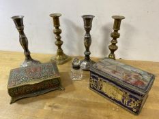 A mixed lot of brass candlesticks, (18cm high), a pair of white metal candlesticks and a scent