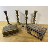 A mixed lot of brass candlesticks, (18cm high), a pair of white metal candlesticks and a scent