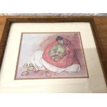 After R C Gorman, seated woman holding fruit, reproduction print, signed by artist bottom right, (