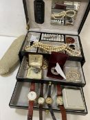 A collection of costume and silver jewellery including paste pearls, brooches, rings, also two
