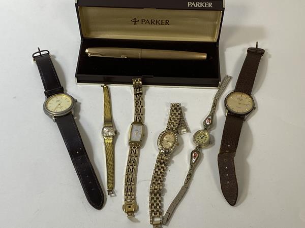 Two gentlemans wrist watches including a Rotary and a Q&Q, four ladies wrist watches and a Parker