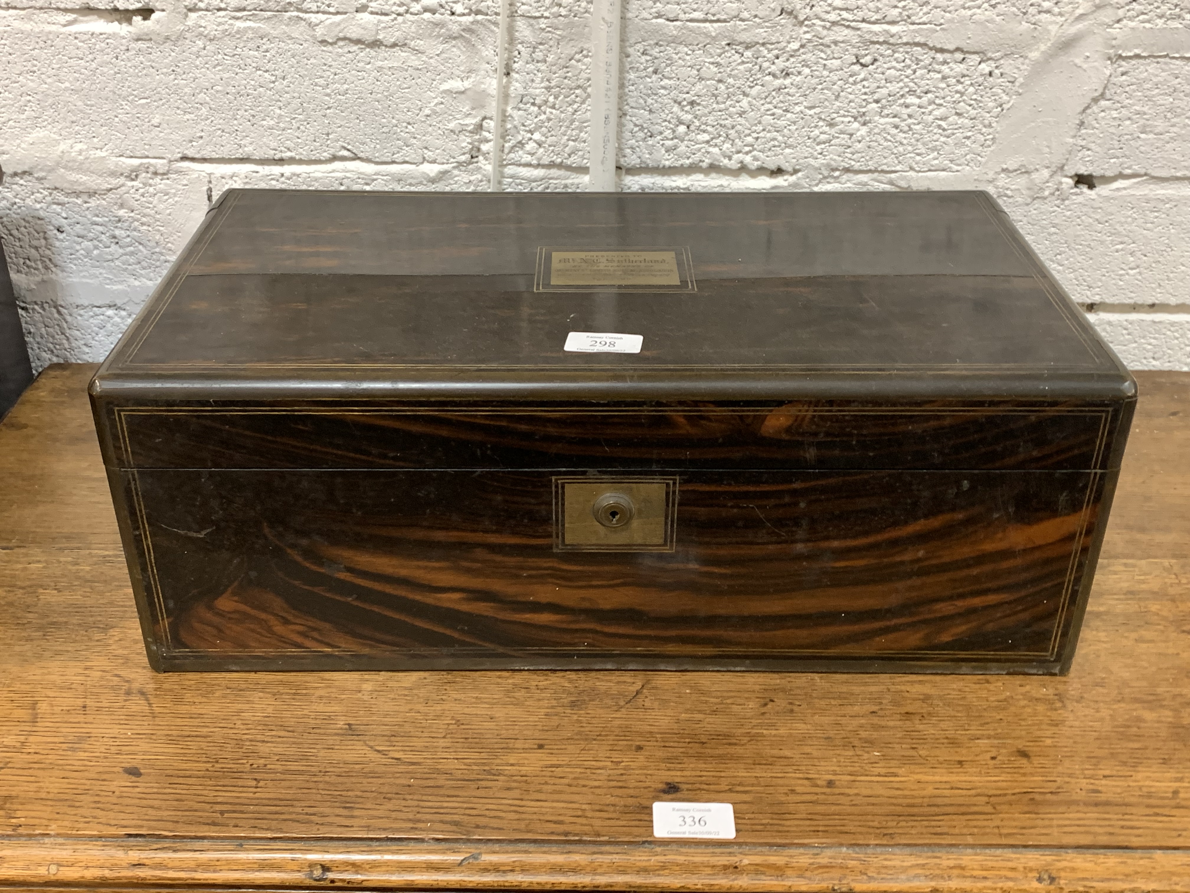 A late 19thc coromandel writing slope the top with brass plaque inscribed Presented to Mr A - Bild 2 aus 5