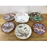 A group of plates including two 1920's Satsuma plates, one with scalloped edge, (18cm d), no marks