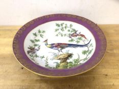 An early 20thc Spode Copeland china large bowl with exotic bird on branches decoration, gilt