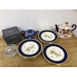 A mixed lot including a Wedgwood Jasperware teapot, (11cm h), two Waterford Crystal bottle