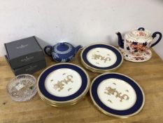 A mixed lot including a Wedgwood Jasperware teapot, (11cm h), two Waterford Crystal bottle