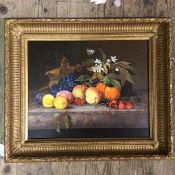 MD, Still life depicting fruit on ledge, oil, (32cm x 39cm)