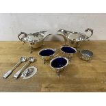 A pair of silver sauce boats, Birmingham 1936 (9cm h), two salts and condiment pot, lid a/f, all