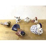 A group of six Royal Crown Derby animal figures including birds, rabbits, hamsters and piglet,